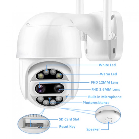 Cameră WiFi 4MP de exterior, rezistentă la apă, cu obiectiv dublu, zoom digital 8x și rotație 360° Cameră WiFi 4MP de exterior, rezistentă la apă, cu obiectiv dublu, zoom digital 8x și rotație 360°