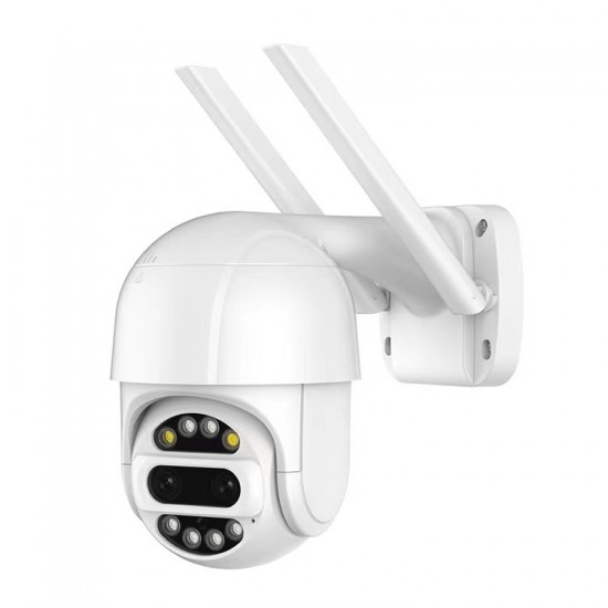 Cameră WiFi 4MP de exterior, rezistentă la apă, cu obiectiv dublu, zoom digital 8x și rotație 360° Cameră WiFi 4MP de exterior, rezistentă la apă, cu obiectiv dublu, zoom digital 8x și rotație 360°